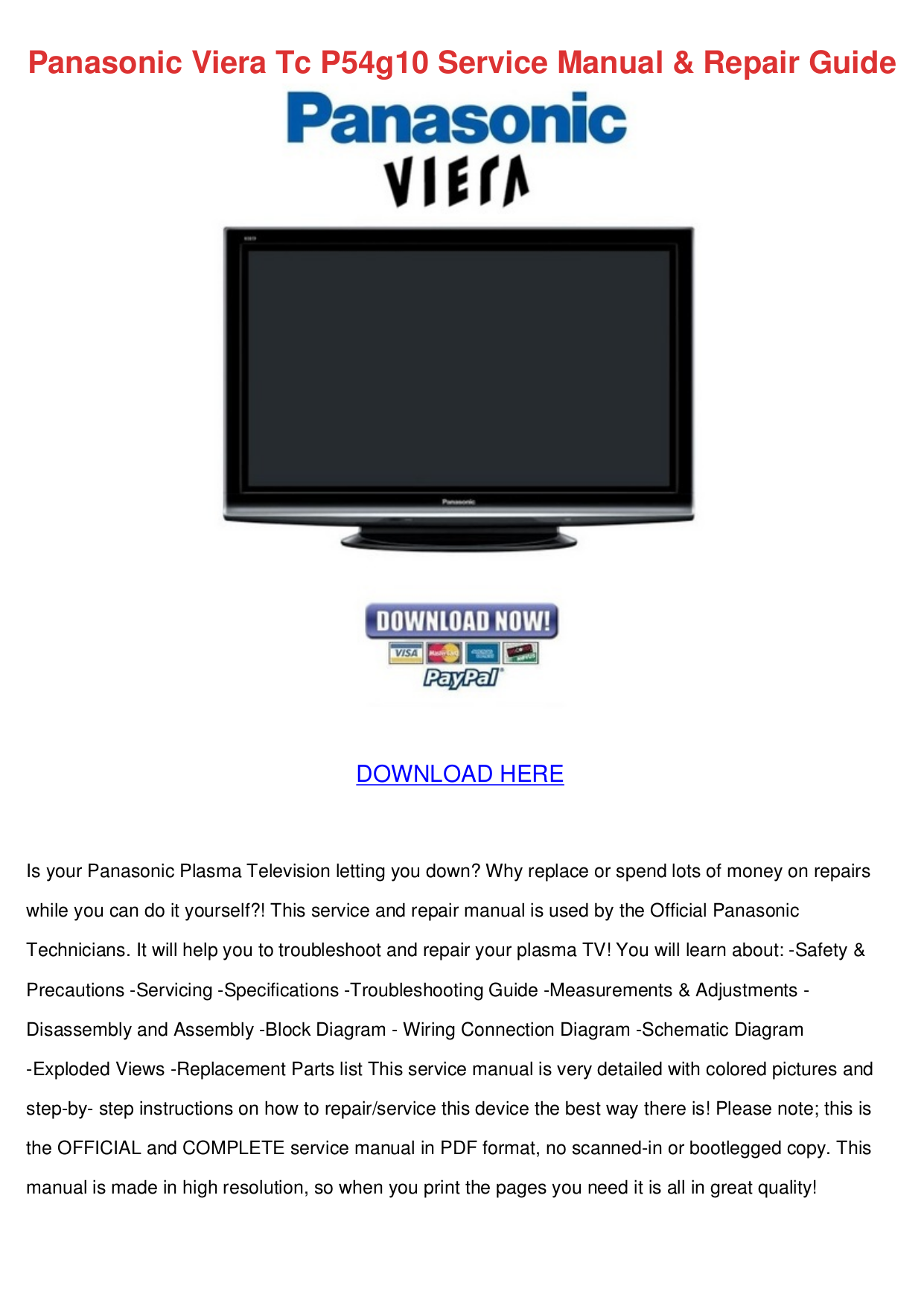 Download free pdf for Panasonic Viera TCP54G10 TV manual